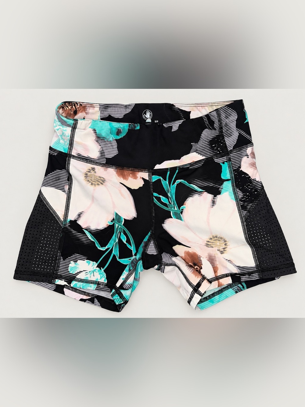 Body Glove Women’s Small Floral Athletic Shorts Black Teal Mesh Workout Yoga